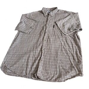Columbia Men's Short Sleeve Beige And Blue Plaid Collared Shirt Cotton